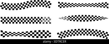 Race flag lines. Black and white checker finish ribbon. Car race grid pattern. Rally border texture. Wavy checker lines. Chess graphic design element Stock Vector