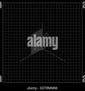 3D Geometric Shapes Wireframe On Blueprint Grid In XYZ Coordinate System. Simple Black And White Futuristic Background Stock Vector