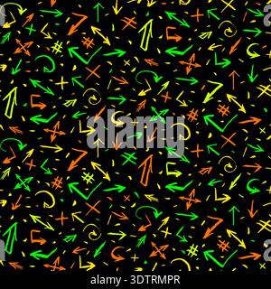 Colorful seamless grunge pattern featuring abstract shapes, waves, doodles, scribbles, geometric elements and arrows Stock Vector