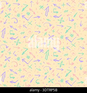 Pastel colorful seamless grunge pattern featuring abstract shapes, doodles, scribbles, geometric elements and arrows Stock Vector