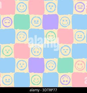 Pastel colorful seamless grunge pattern featuring abstract shapes, doodles, scribbles, geometric elements, waves, emoji, smiles and organic textures Stock Vector