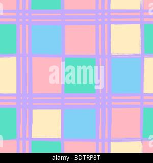 Pastel colorful seamless grunge pattern featuring abstract shapes, doodles, scribbles, geometric elements tartan Stock Vector