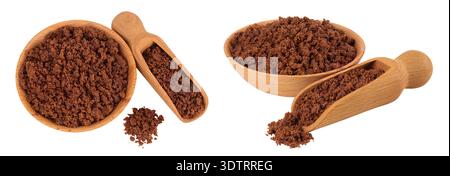 Dark muscovado sugar or Barbados sugar in wooden bowl isolated on white background. Top view. Flat lay Stock Photo