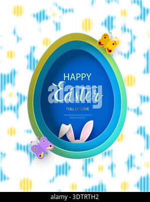 Easter card, website banner, poster, flyer, or cover. Trendy modern paper cut design featuring an Easter egg, spring flowers, and a bunny. Textured ba Stock Vector