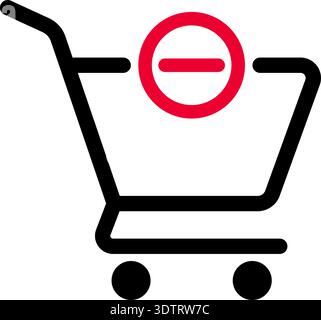 Vector ecommerce icon of a supermarket cart with a minus sign positioned above to indicate product removal or quantity decrease. Stock Vector