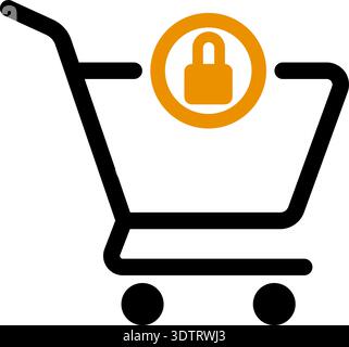 Empty shopping cart icon with a lock symbol over the trolley representing secured or restricted online purchasing process. Stock Vector