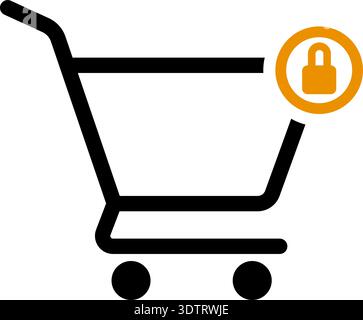 Empty shopping cart icon with a padlock symbol indicating locked or secure state of the shopping process or cart. Stock Vector