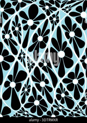 Retro floral pattern featuring abstract flowers with white circular centers on a bright turquoise background, connected by flowing curved lines Stock Vector
