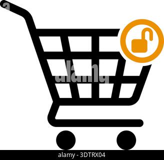Cart icon featuring an open padlock indicating unlocked access or available permissions for shopping cart. Stock Vector