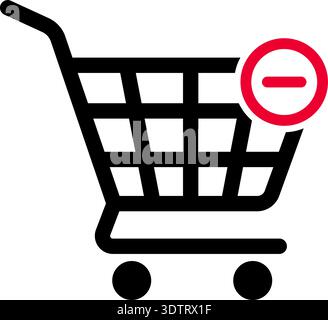 Cart icon with a minus symbol inside indicating decrease or removal of products in online shopping cart. Stock Vector