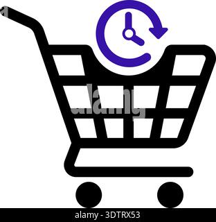 Shopping cart icon with time and clock symbol over trolley indicating timing, delivery, or time-sensitive purchase. Stock Vector