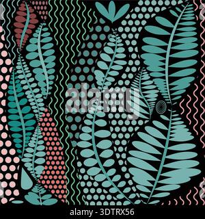 Abstract botanical pattern featuring stylized leaves, dots, and wavy lines on a black background, ideal for modern textile, wallpaper, and surface des Stock Vector