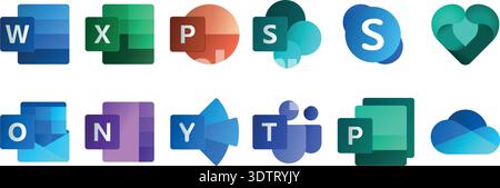 Microsoft 365 Office icon set. Word, Excel, PowerPoint, Outlook, OneNote, SharePoint, Microsoft Teams, Visio, OneDrive logo. Stock Vector