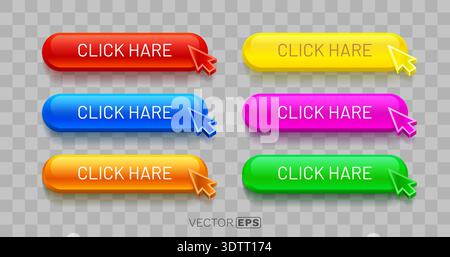 Colorful 3D CLICK HARE buttons with arrow cursors, suitable for modern web and UI design call to action elements. Vector illustration. Stock Vector