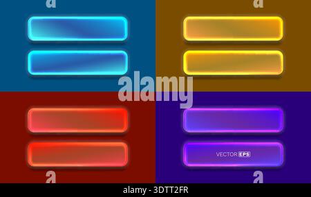 Vibrant neon-style banner buttons with glowing effect in four color variations for modern UI design. Vector illustration. Stock Vector