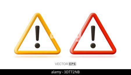 Glossy 3D Warning Sign Icons. Modern yellow and red alert symbols with exclamation marks. Vector illustration Stock Vector