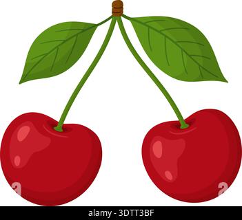Two ripe red cherries on single stem with two green leaves. Hand drawn trendy flat style isolated. For grocery branding, healthy eating blogs, and menus. Vector illustration Stock Vector