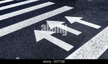 Pedestrian crossing with white marking lines and arrows on asphalt. Crosswalk on the road Stock Photo