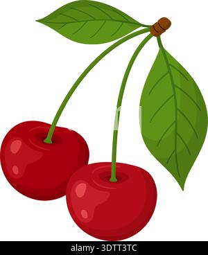 Two ripe red cherries on single stem with two green leaves. Hand drawn trendy flat style isolated. For grocery branding, healthy eating blogs, and menus. Vector illustration Stock Vector