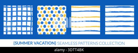 Summer seamless pattern collection. Blue and yellow stripes brush stroke, playful polka dots and gingham grid for mediterranean coastal theme. Wavy ab Stock Vector