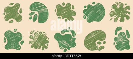Organic abstract splashes. Grunge green blots frame for text. Crayon eco irregular shapes and textures for an abstract nature design. Fluid hand drawn Stock Vector