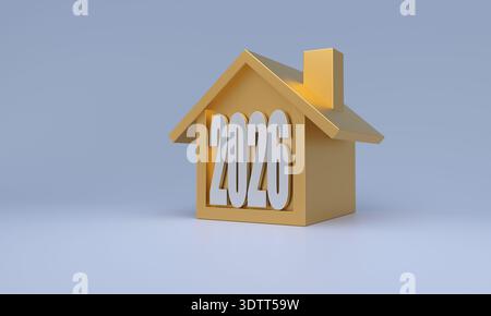 Golden house icon with white 2026 digits against a light blue background, representing future housing market trends and investment Stock Photo