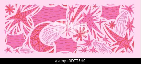Space girly coquette cutout abstract geometric shapes background. Geometry and freeform pink girly stars, moon, bang collage naive doodle figures. Vec Stock Vector