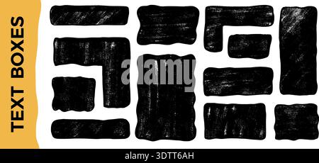 Grunge textured wavy squares and rectangles. Organic geometric shape and frames set. Rectangular irregular crayon block for a text box. Hand drawn pen Stock Vector