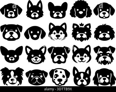 Cartoon dog heads set. Different dog breeds icons collection for pet design, kids illustrations and stickers. Stock Vector