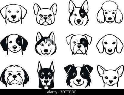 Cartoon dog heads set. Different dog breeds icons collection for pet design, kids illustrations and stickers. Stock Vector