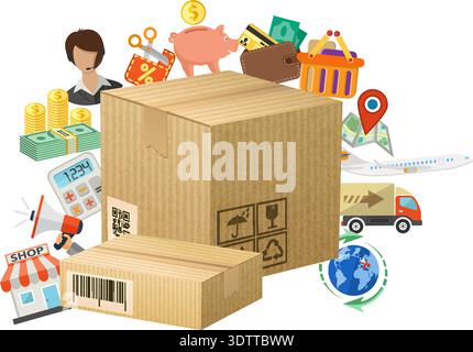 Vector illustration in Realistic and flat style icons on theme of retail sales, marketing, online shopping, delivery of goods, such as megaphone, shop Stock Vector