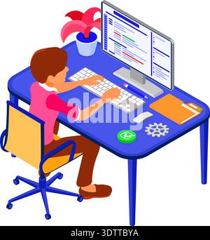 software engineer developing program. man sits at computer table and programs. developer creating program for online chat website. banner with isometr Stock Vector