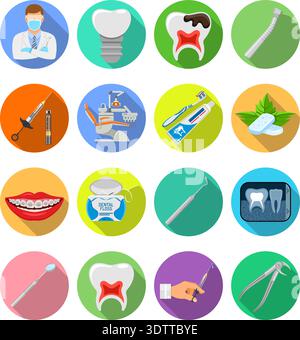 Set Dental Services and Stomatology icons in flat style on colored circles with Long Shadows like Doctor, dentist chair, braces, cartridge syringe and Stock Vector