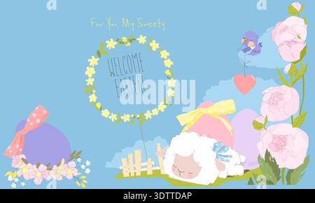 Cute Cartoon Lamb sitting on Spring Meadow Near Easter Eggs Stock Vector