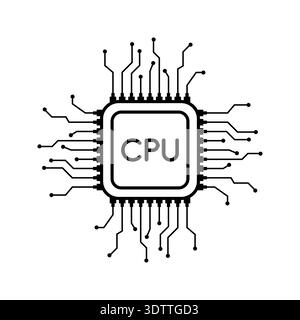 Clean and modern microchip line icon vector featuring CPU central processing unit symbol. Minimal computer processor chip outline illustration, ideal Stock Vector