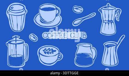 Coffee-themed illustration featuring various coffee cups, brewing tools, and beans on blue background Stock Vector