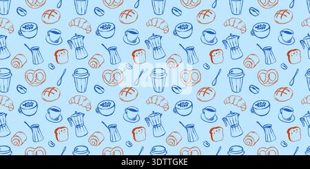 Pattern illustration of coffee, pastries, and kitchen utensils on light blue background Stock Vector