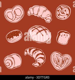 Assorted baked goods illustration featuring croissants, pretzels, and pastries on a red background Stock Vector