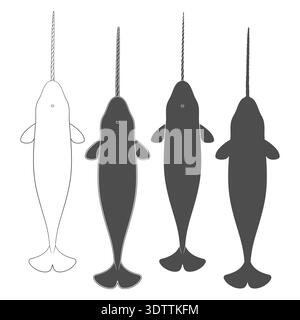 Set of black and white illustrations animal narwhal, sea unicorn. Isolated vector objects on white background. Stock Vector
