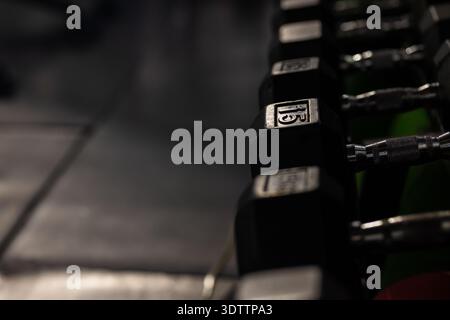 Single black hex dumbbell resting on rack in gym, showing chrome handle and floor reflections Stock Photo