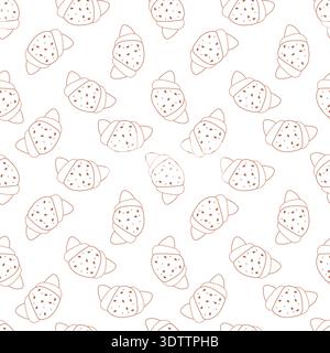 croissant seamless pattern in lineart style on white background Stock Vector
