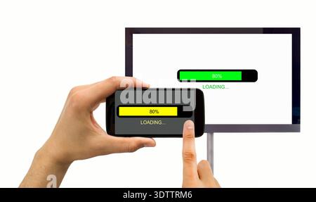 closeup of a smartphone connected to a tv and loadiong datas Stock Photo