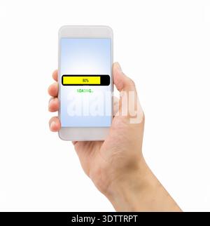 man hand is holding a smart phone with loading icon and white background Stock Photo