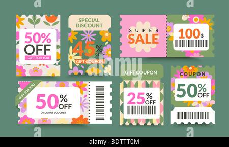 Set of spring discount offer coupons. Gift vouchers,sale tickets template with cutting dashed lines.Shopping savings promotion coupon.Design for web,social media,business promo,online purchases.Vector Stock Vector