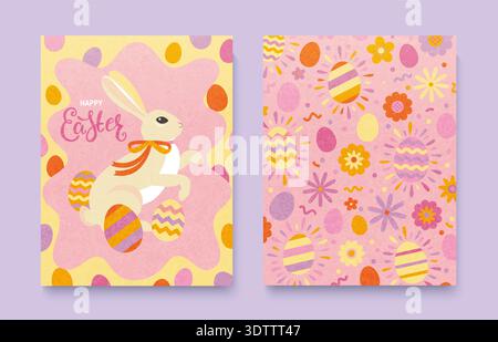 Easter textured posters with cute easter bunny in wavy frame and easter painty eggs and flowers. Holiday backdrop, template for design,web,banner, social media, post, sales. Bright vector illustration Stock Vector
