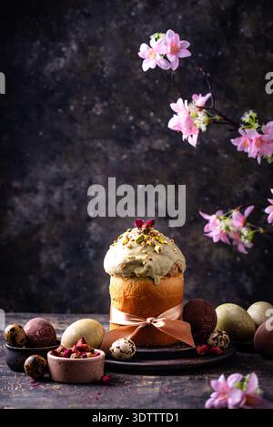 Traditional Easter cake kulich with pistachio Stock Photo