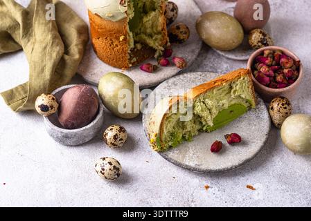 Traditional Easter cake kulich with pistachio Stock Photo