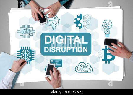 Digital disruption concept placed on a desk with hands using smartphones Stock Photo