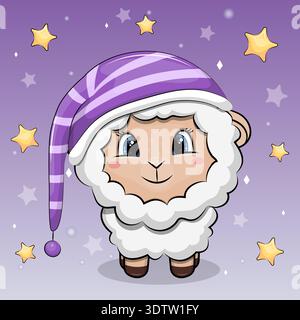 Cute cartoon white Lamb in nightcap is going to sleep. Night vector illustration on dark purple background with stars. Stock Vector
