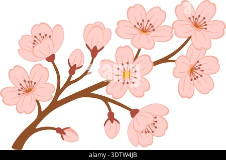 Sakura branch. Blooming cherry blossom branch with pink flowers and buds. Hand drawn trendy flat style. Ideal for spring greetings, floral decor, and Japanese themed designs. Vector illustration Stock Vector